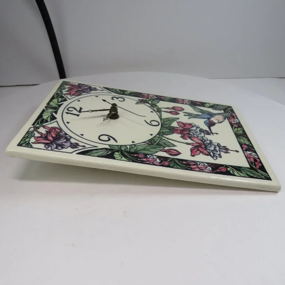 Hummingbird & Fuchsia Glazed Ceramic Tile Clock WORKS, Heavy